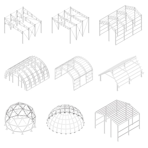 Vector metal constructions set with industrial buildings symbols isometric isolated vector illustration