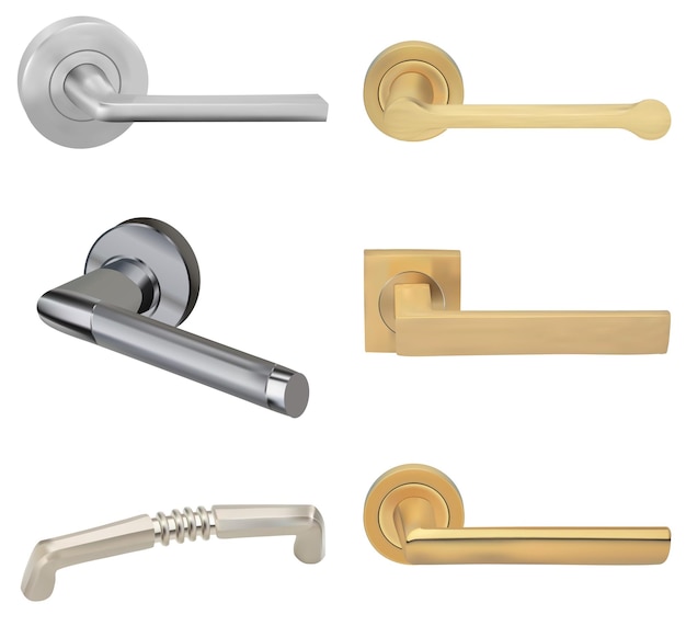 Metal door handles for room interior in office or home. Vector illustration