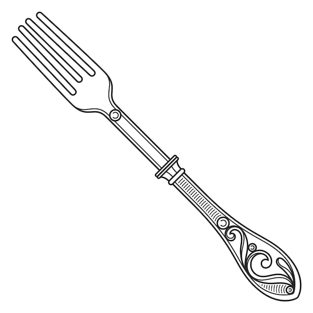 Metal fork line drawing Vintage ornate cutlery