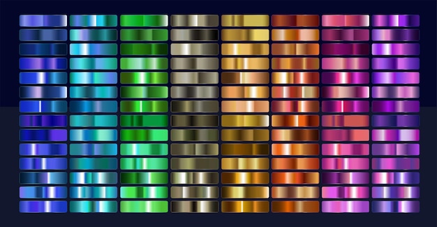 Metal gradient. Metallic Swatches color gradient set. Gold, silver, pearl, bronze,Steel, iron, aluminium Chromium palette