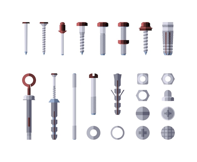 Metal hardware - modern vector isolated illustration on white background. Screws, bolts, nuts and rivets. Collection of metalware, goods and products. Grey and red color