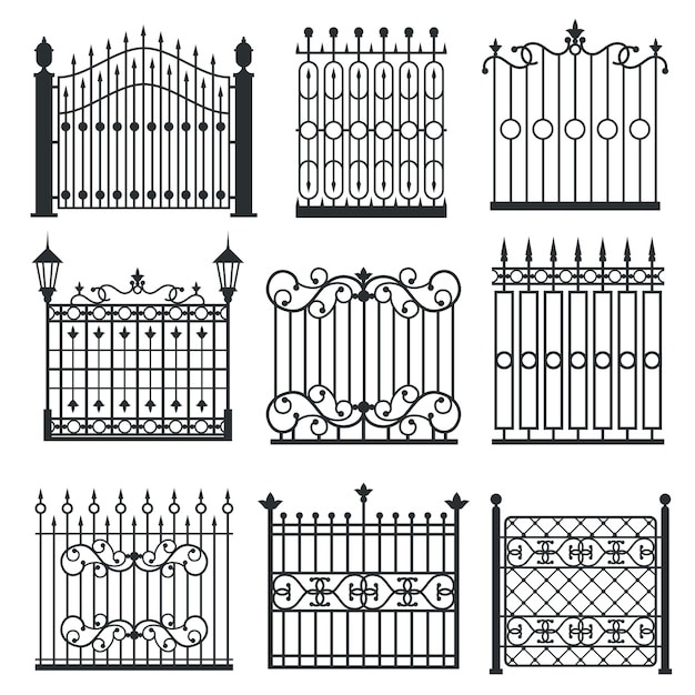 Metal iron gates, grilles, fences vector set