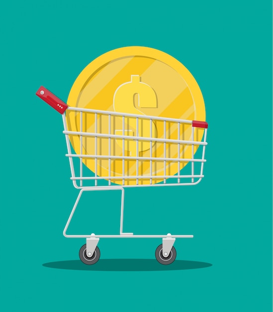 Metal supermarket cart with big golden coin