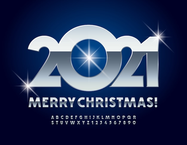  metallic greeting card Merry Christmas 2021! Chrome Font. Silver Alphabet Letters and Numbers