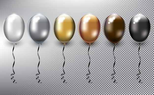 Metallic helium balloons collection. Inflatable air flying balloons. Isolated on the white surface.