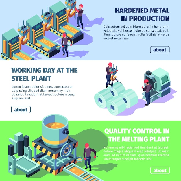 Metallic industry Steel production horizontal advertising banners templates with pipe installation processes iron production garish vector flat illustration