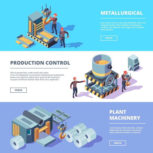 Metallurgy banners. Steel heavy factory equipment and workers manufacturing industry vector illustrations template. Production industry, manufacturing foundry and industrial