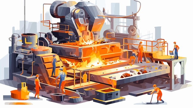 Vector metallurgy industry illustration with various equipment and processes