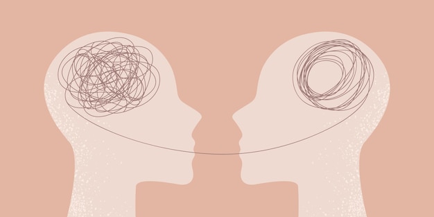 Metaphorical illustration of two silhouettes of human heads with a thread between them