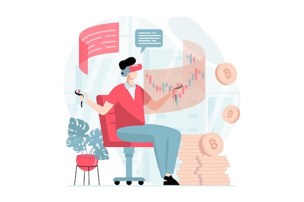 Metaverse concept with people scene in flat design Man wearing VR headset interacting with virtual screens analyzing of cryptocurrency exchange Vector illustration with character situation for web