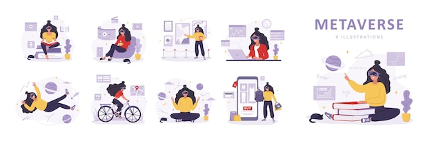 Metaverse concept Women in virtual glasses learning meditating working and doing sport Girls wearing VR headsets Modern technological entertainment Set of vector illustrations in flat style