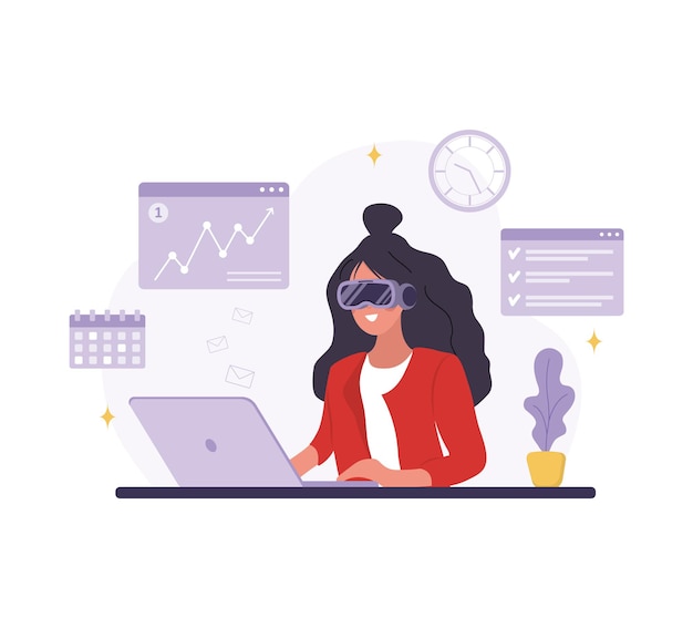 Metaverse Cyberspace or Virtual reality concept Woman in VR glasses sitting at office desk and working Modern technological entertainment Vector illustration in flat cartoon style