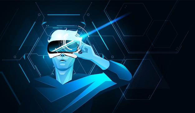 Metaverse digital cyber world technology Man holding virtual reality glasses vector illustration