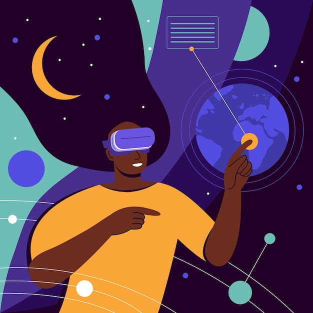 Metaverse digital virtual reality Black woman working in VR headset and futuristic glasses online connecting to virtual space and universe Break The Science Bias Colorful flat vector illustration