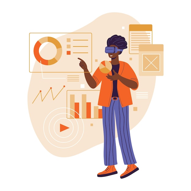 Metaverse Digital virtual reality Black Woman working with business data in virtual reality using VR headset and futuristic glasses Break The Science Bias Colored flat cartoon vector illustration