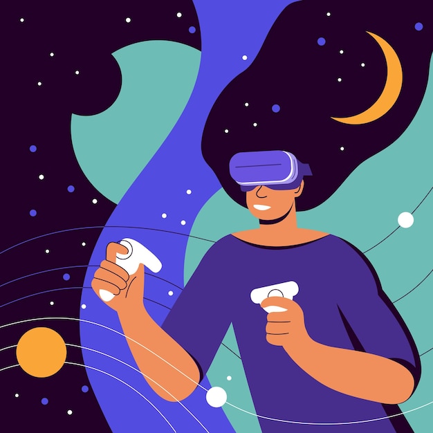 Metaverse Digital virtual reality simulation Woman in VR headset and futuristic glasses in outer space among planets and stars Break The Science Bias Colorful flat vector illustration banner