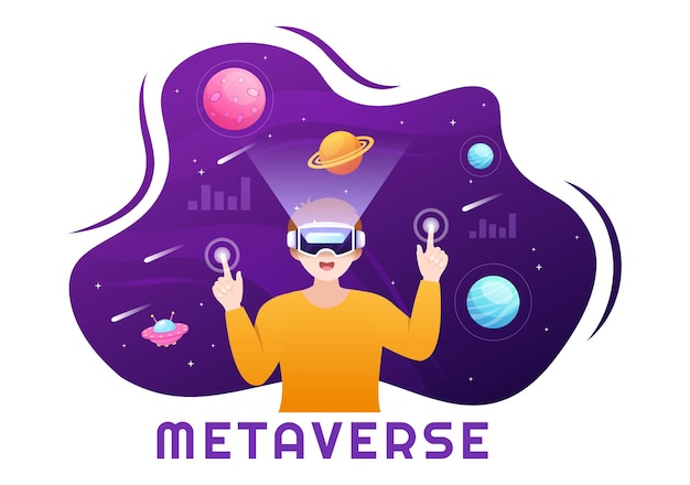 Metaverse Digital Virtual Reality Technology wears VR Glasses in Hand Drawn Illustration