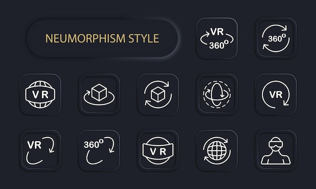 Metaverse set icon Man in 3d glasses planet with vr text arrows cyberspace cyberpank augmented reality helmet Virtual reality concept Neomorphism Vector line icon