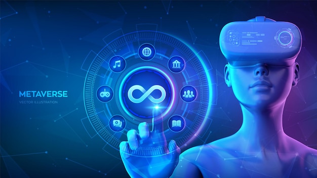 Metaverse technology Cyberspace of metaverse Girl wearing VR headset glasses touching digital interface Virtual reality Augmented reality cyber world simulation NFT blockchain concept Vector