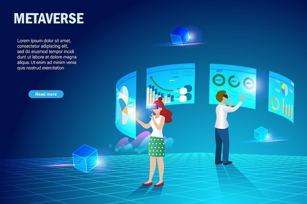 Metaverse virtual reality for analysing business and financial data visualisation Businessman and woman use AI analyze 3D graph chart on metaverse interface technology to develop better solution