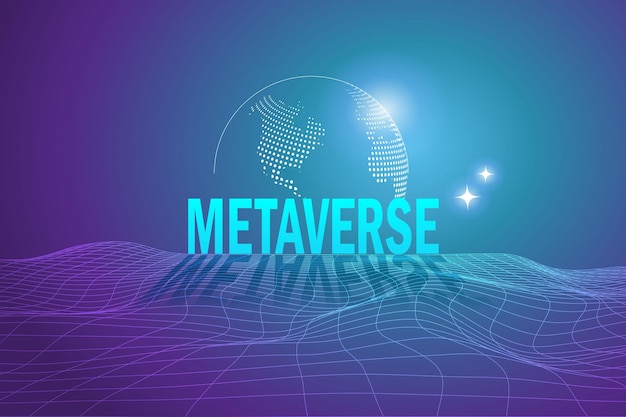 Vector metaverse virtual reality augmented reality and blockchain technology user interface 3d experience word metaverse with world map globe in futuristic environment background