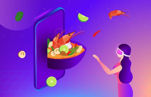 Metaverse Virtual Reality food. woman wearing VR goggle having 3d experience in cooking world in the