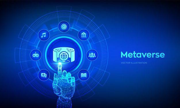 Metaverse virtual world concept 3D visualization and simulation Artificial intelligence Augmented reality and virtual technology Robotic hand touching digital interface Vector illustration