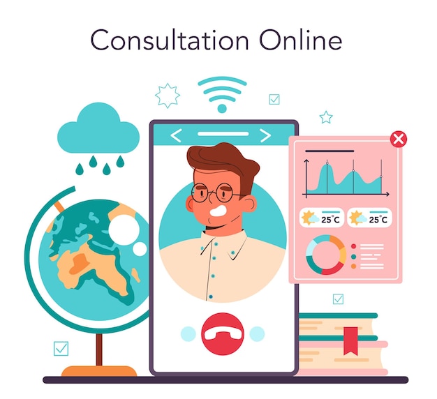 Meteorologist online service or platform. Weather forecaster studying and researching weather and climate condition. Online consultation. Isolated vector illustration