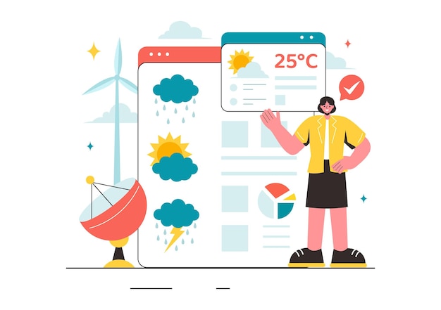 Vector meteorologist vector illustration with weather forecast and atmospheric precipitation map in a flat style cartoon background design