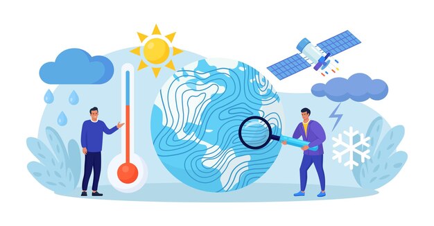 Vector meteorology geophysics science meteorologists studying researching climate condition weather forecaster predict weather with satellite service met station and space engineering planetary science