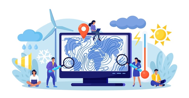 Meteorology geophysics weather prediction Meteorologist studying and researching weather climate condition online on computer with world cyclone map Forecasters work in meteorological center