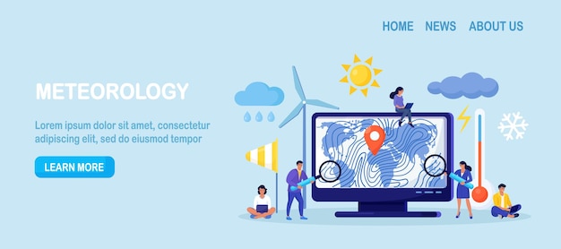 Vector meteorology geophysics weather prediction meteorologist studying and researching weather climate condition online on computer with world cyclone map forecasters work in meteorological center