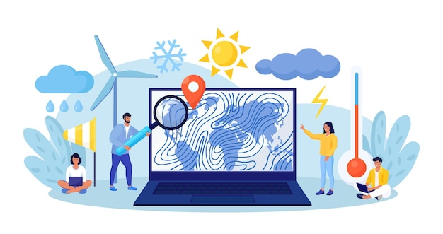 Meteorology geophysics weather prediction Meteorologist studying and researching weather climate condition online on laptop with world cyclone map Forecasters work in meteorological center