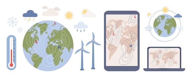 Meteorology science set icon. World Meteorological day. Weather and climate condition. Vector flat