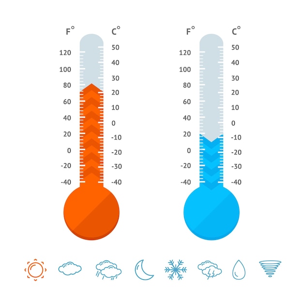 Meteorology Thermometer Set and Weather Icons Vector