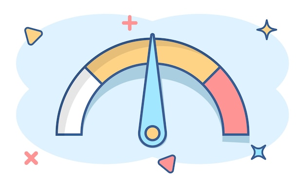 Meter dashboard icon in comic style Credit score indicator level vector cartoon illustration pictogram Gauges with measure scale business concept splash effect