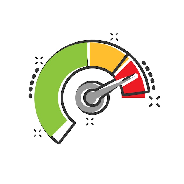 Meter dashboard icon in comic style Credit score indicator level vector cartoon illustration pictogram Gauges with measure scale business concept splash effect