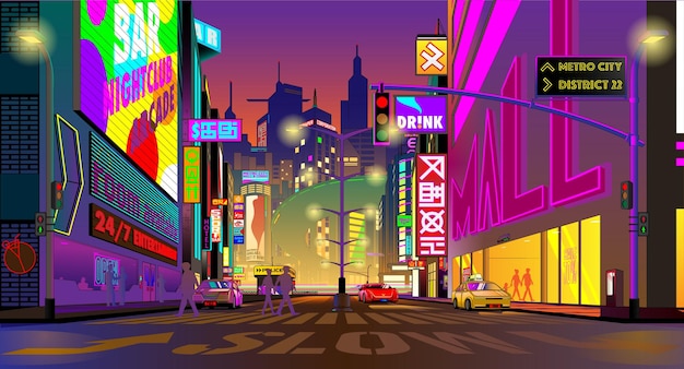 Metro City illustration at afternoon in Cyberpunk style