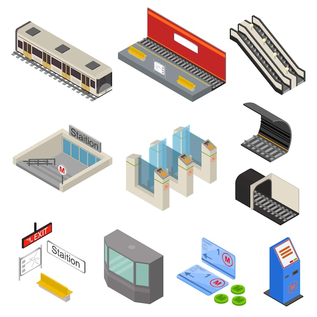 Metro Station 3d Icons Set Isometric View Vector