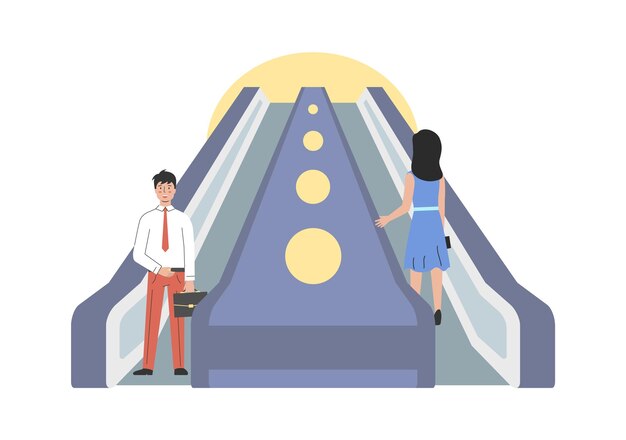 Metro Station Interior Public Modern City Transport Concept Man And Woman Riding Escalator Or Subway Business People Riding To Underground Platform Cartoon Outline Linear Flat Vector Illustration