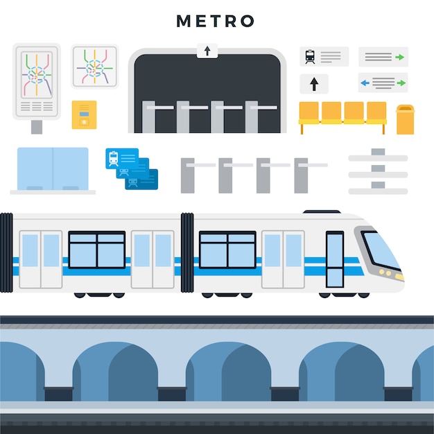 Metro station, train, map, navigation, passenger seats, turnstile, tickets. Subway elements set