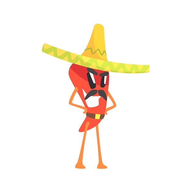 Mexican Bandit Red Hot Chili Pepper Humanized Emotional Flat Cartoon Character With Moustache Wearing Sombrero And A Belt