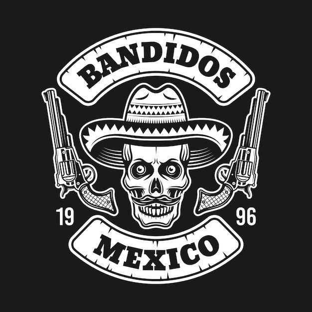 Mexican bandit skull in sombrero hat with two pistols emblem