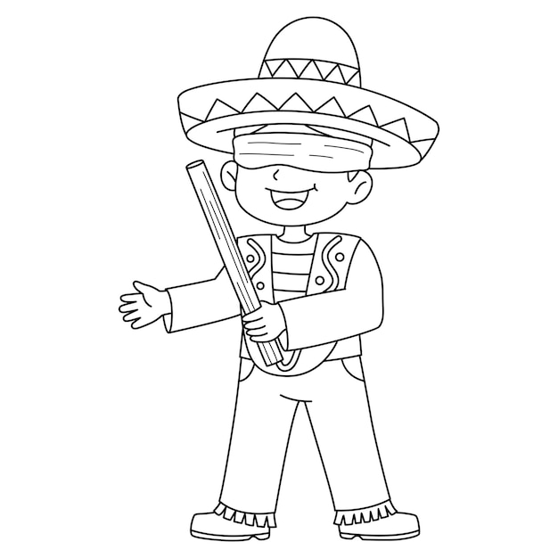 Vector mexican boy holding pinata stick isolated coloring