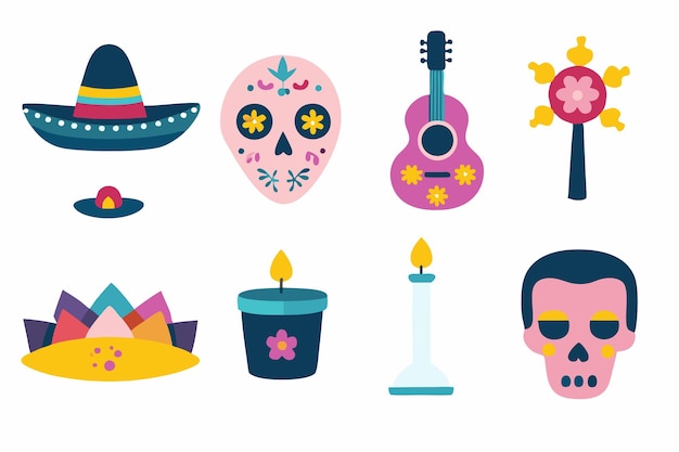 Vector mexican cartoon symbols of dia de los muertos or day of dead holiday on white background