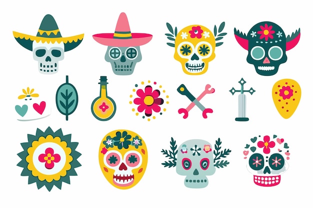 Mexican cartoon symbols of dia de los muertos or day of dead holiday on white background