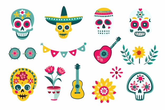 Mexican cartoon symbols of dia de los muertos or day of dead holiday on white background