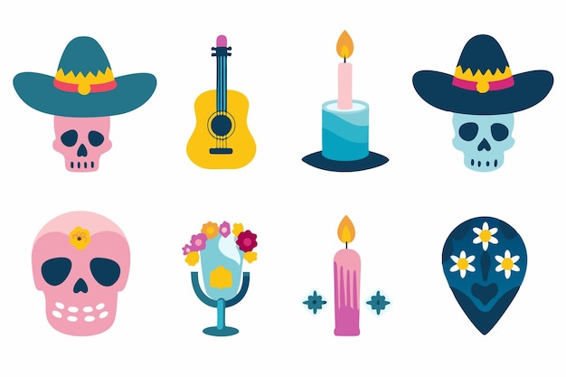 Vector mexican cartoon symbols of dia de los muertos or day of dead holiday on white background