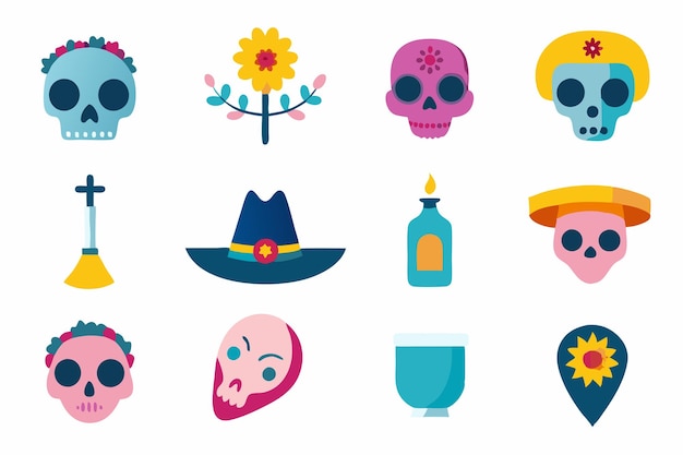 Mexican cartoon symbols of dia de los muertos or day of dead holiday on white background