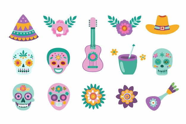 Vector mexican cartoon symbols of dia de los muertos or day of dead holiday on white background